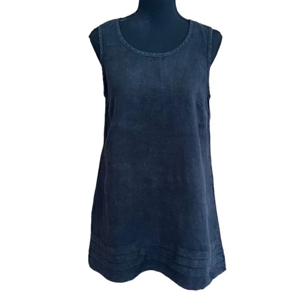 FLAX black linen sleeveless tunic with bottom hem detail, size P sz range 4-6.